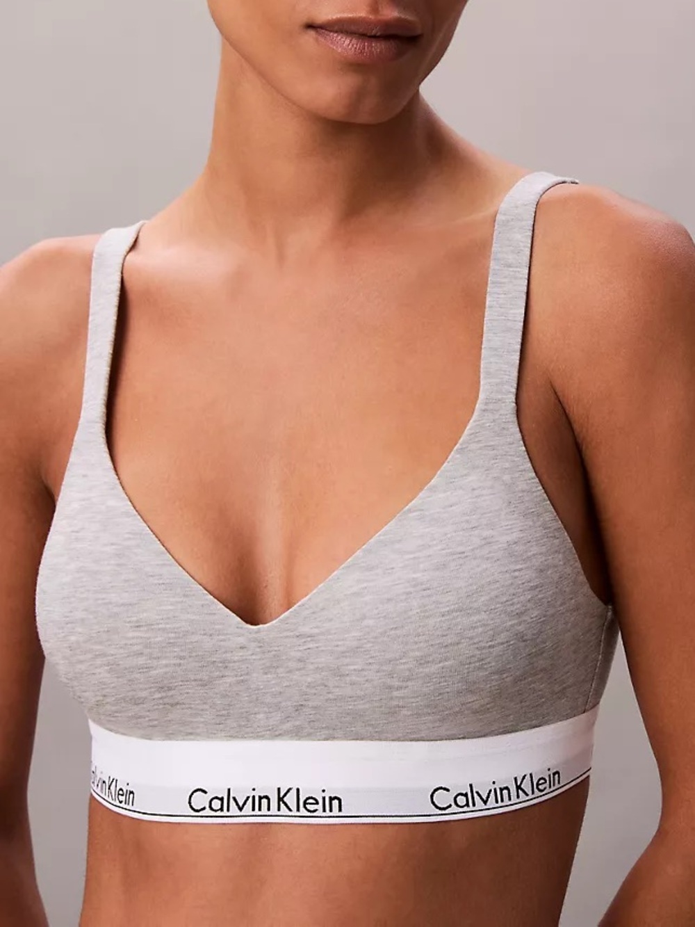 Calvin Klein Heather Gray Crisscross Sports Bralette with White Logo Band